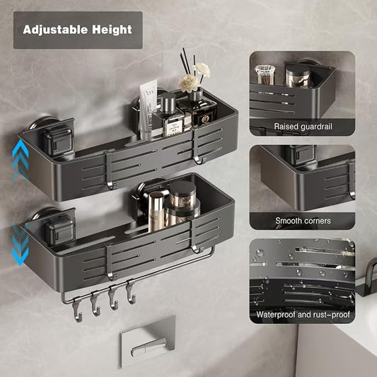 Voldra Adhesive Shower Caddy, 2 Pack Shower Shelves for Inside Shower No Drilling, Aluminum Stick On Showers Organizer with Towel Bar & Hooks Removable Bathroom Shelf Storage Rack(Gray)