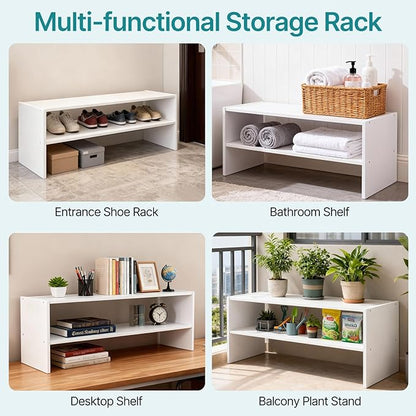 DUMOS 31 Inch Stackable White Shoe Rack, 2-Tier Wooden Storage Benches Organizer, Freestanding Entryway Bench for 6-9 Pairs Shoes, for Entryway, Office, Bathroom Use, White