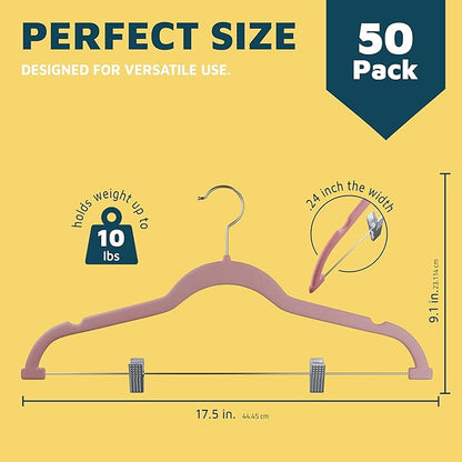Velvet Pants Hangers – with Adjustable Clips, 360 Degree Swivel Hook, and Non-Slip Shoulder Notch, Holds Up to 10 lbs, for Organizing Skirt, Pants, Dress, and Clothes, Pack of 50, Pink