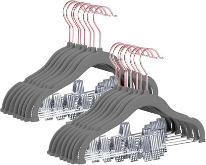 Stormix Baby Hangers - 24 Pack Non-Slip Kids Hangers with Clips, Heavy-Duty for Shirts, Pants, Skirts, Dresses, Jackets, Coats - Rose Gold Hooks