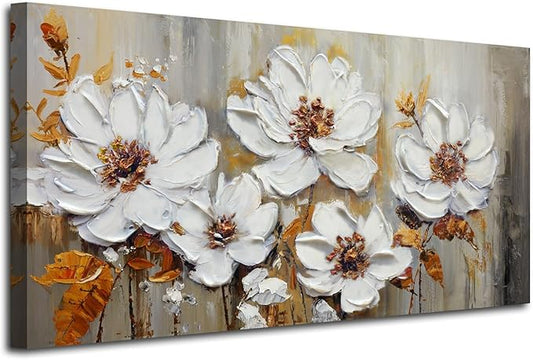 Acocifi Canvas Art Wall Decor Textured Floral Wall Art, Extra Large Living Room Bedroom, Vintage White Floral Painting Picture Artwork for Dining Room Office Home Decor 58"x29"