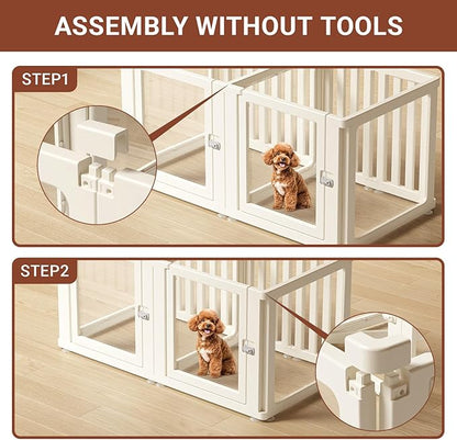 Transparent 9-Panel Dog Playpen, Acrylic Indoor/Outdoor Puppy Pen for Small & Medium Dogs, 24 Inch with Door, White(Ventilated Design 50 * 26 Two Rooms,24 inch)
