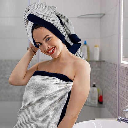 Cleanbear Fluffy Bath Towels for Bathroom, Shower Towel Set of 2, Jacquard Weaved Soft Cotton Cloths Navy-Blue, 54 by 28 Inches