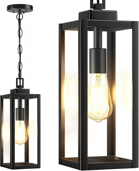 15'' Large Motion Sensor Outdoor Pendant Lights, Dusk to Dawn Modern Outside Chandelier Outdoor Hanging Lantern with Clear Glass, Exterior Pendant Lighting Fixture for Porch, Yard, Black, 1Pack