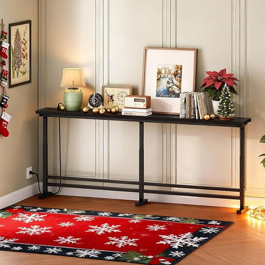 70.9" Console Table with Adjustable Height (27.6"-35.4") and Power Outlet, Skinny Behind Couch Table, Narrow Long Sofa Table for Living Room, Hallway, Entryway, Black CT08UBB