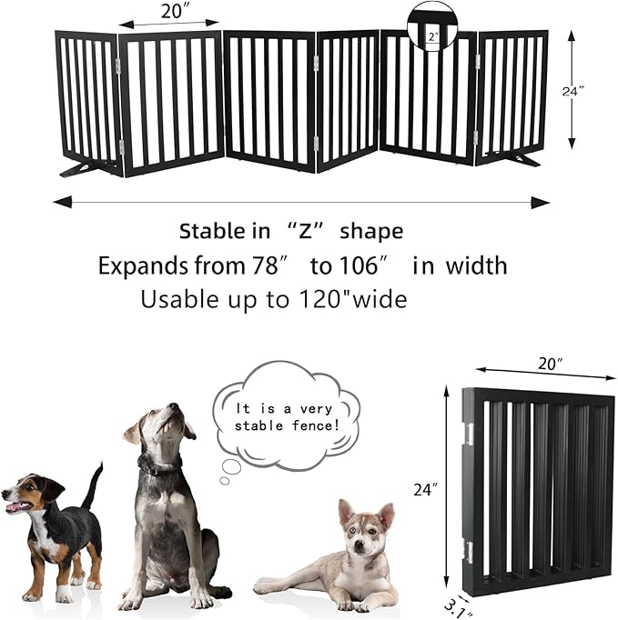 Dog Gate Indoor, Freestanding Dog Fence for The House, Doorways, Hallways,or Stairs,Pet Gate Foldable Wooden,Expandable 24" Height 6 Panels,Black