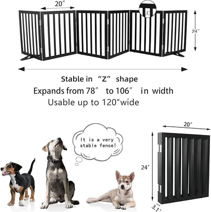 Dog Gate Indoor, Freestanding Dog Fence for The House, Doorways, Hallways,or Stairs,Pet Gate Foldable Wooden,Expandable 24" Height 6 Panels,Black