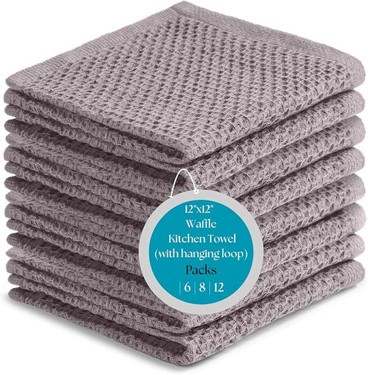 Cotton Waffle Weave Kitchen Wash Cloths - Pack of 8 (12x12 Inches) | Ultra Soft, Absorbent Dish Rags | Quick Dry, Dish Cloth & Dish Rags - Taupe/Grey (Kitchen Essentials)