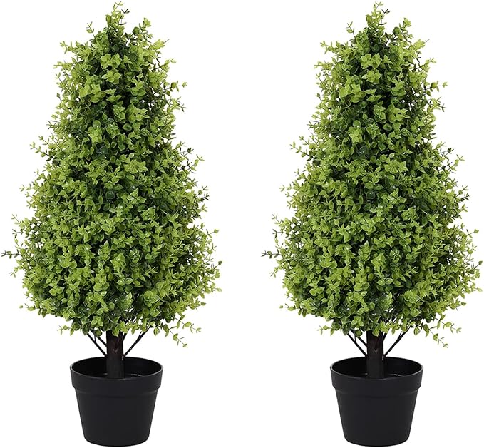 30" Tall Artificial Boxwood Topiary Trees, Set of 2 – UV Resistant Faux Evergreen Shrubs and Bushes for Outdoor Planters, Realistic Fake Plants for Front Porch Outside Patio Garden
