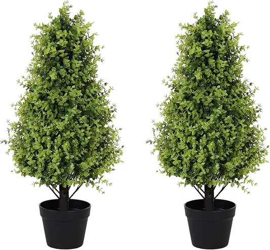 30" Tall Artificial Boxwood Topiary Trees, Set of 2 – UV Resistant Faux Evergreen Shrubs and Bushes for Outdoor Planters, Realistic Fake Plants for Front Porch Outside Patio Garden