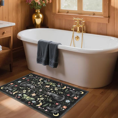 GarveeHome Cat Entryway Rug, 2x3 Mushroom Insect Black Washable Front Door Rug Indoor Entrance Floral Carpet Non-Slip Low Pile Throw Rugs for Kitchen Floor, Powder Room, Entry, Bathroom, Kids Room