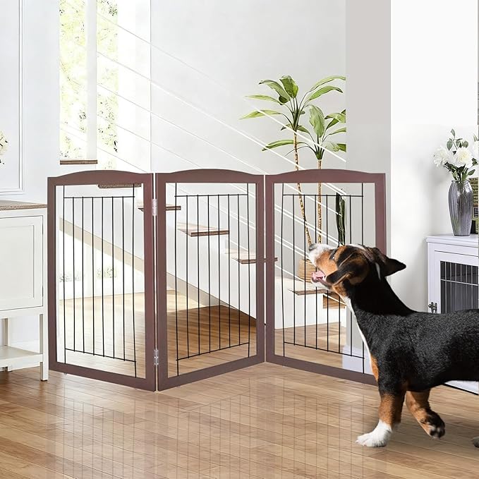 ZJSF Freestanding Foldable Dog Gate for House Extra Wide Wooden Brown Puppy Gate Stairs Dog Gates Doorways Tall Pet Gate 32 "Height 3 Panels Pet Fence