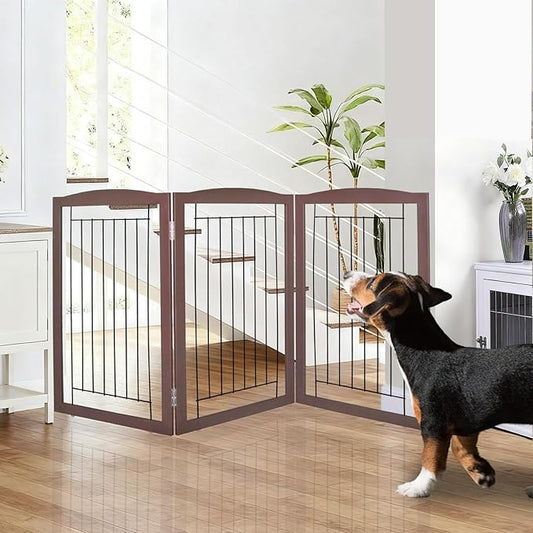 ZJSF Freestanding Foldable Dog Gate for House Extra Wide Wooden Brown Puppy Gate Stairs Dog Gates Doorways Tall Pet Gate 32 "Height 3 Panels Pet Fence