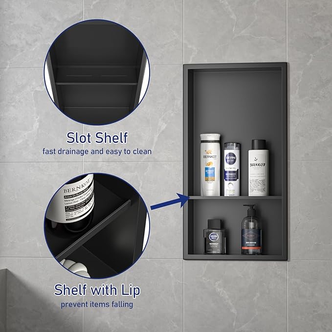 Stainless Steel Shower Niche Matte Black 24" X 12" No Tile Needed Wall Niche Double Recessed Shower Shelf for Bathroom Over Mount Installation