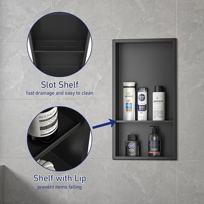 Stainless Steel Shower Niche Matte Black 24" X 12" No Tile Needed Wall Niche Double Recessed Shower Shelf for Bathroom Over Mount Installation