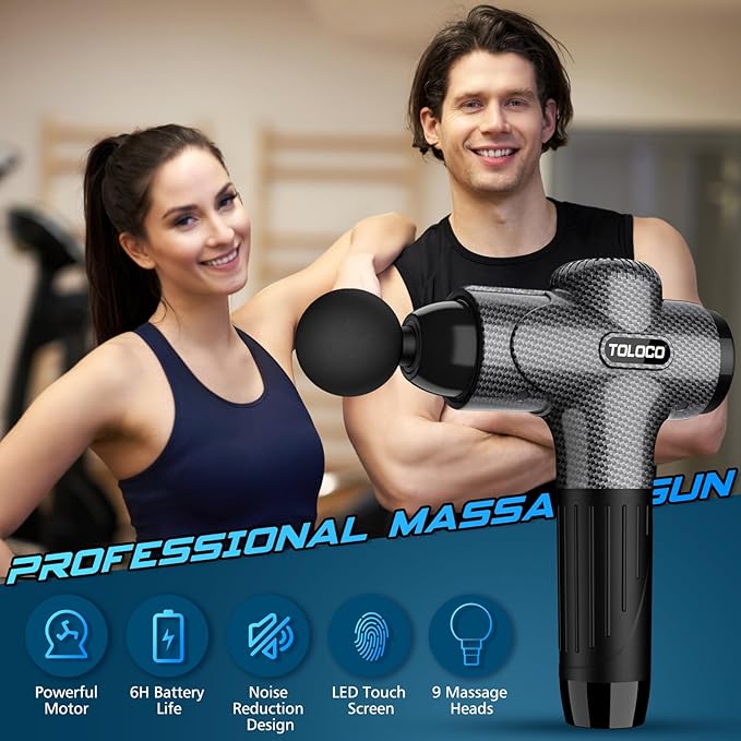 TOLOCO Massage Gun, Upgrade Deep Tissue Back Massager with 10 Replacement Heads, Percussion Massage Guns for Athletes for Pain Relief, Super Quiet Electric Massager for Christmas Gift, Carbon