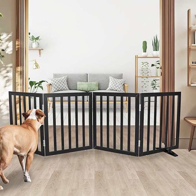 Dog Gate Indoor, Freestanding Dog Fence for The House, Doorways, Hallways,or Stairs,Pet Gate Foldable Wooden,Expandable 24" Height 4 Panels,Black