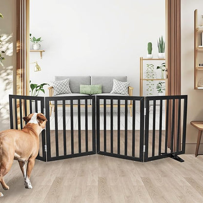 Dog Gate Indoor, Freestanding Dog Fence for The House, Doorways, Hallways,or Stairs,Pet Gate Foldable Wooden,Expandable 24" Height 4 Panels,Black
