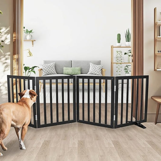 Dog Gate Indoor, Freestanding Dog Fence for The House, Doorways, Hallways,or Stairs,Pet Gate Foldable Wooden,Expandable 24" Height 4 Panels,Black