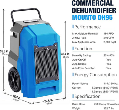 MOUNTO 180Pints Commercial Dehumidifier with Pump and Drain Hose, LGR Portable Dehumidifier with wheels for Home, Basements, Garages, and Job Sites.