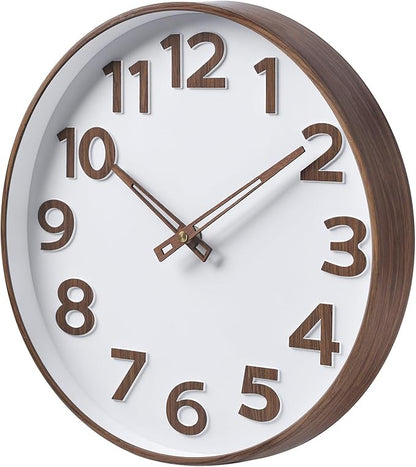 45MinST 12-Inch Modern Faux Wall Clock, Large Numbers, Silent Non-Ticking, Real Wood Hands, Accurate Timekeeping, Decorative Accent for Home or Office(Wood Color)