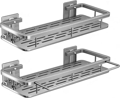 EVALAND Shower Caddy Adhesive 2-Pack with Hooks and Rod for Towels, Silver – Premium Bathroom Shower Shelves, Shampoo Organizer, Bathtub Shelf, Rustproof, Easy Installation, Sturdy Modern Look