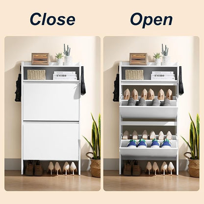 Shoe Cabinet Organizer with 2 Flip Drawers，Freestanding Shoe Rack Cabinet，Narrow Shoe Cabinet Storage for entryway, Foyer, Hallway, White, 23.6" W