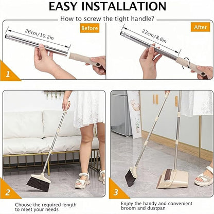 Broom and Dustpan Set with 57.4 Inch Adjustable Stainless Steel Handle, Upright Foldable Design, Beige and Brown, Heavy Duty with Built-in Teeth