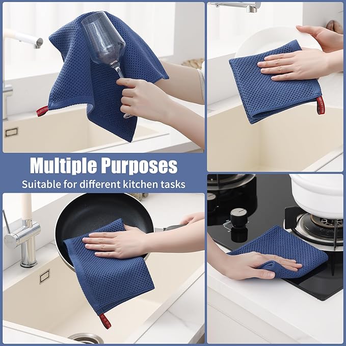 Kitinjoy 100% Cotton Kitchen Towels and Dishcloths Set, 12 Pack Waffle Weave Dish Towels Ultra Soft Absorbent Quick Drying Dish Rags, 13 x 28 Inch and 12 X 12 Inch, Navy Blue