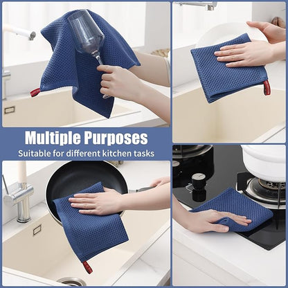 Kitinjoy 100% Cotton Kitchen Towels and Dishcloths Set, 12 Pack Waffle Weave Dish Towels Ultra Soft Absorbent Quick Drying Dish Rags, 13 x 28 Inch and 12 X 12 Inch, Navy Blue