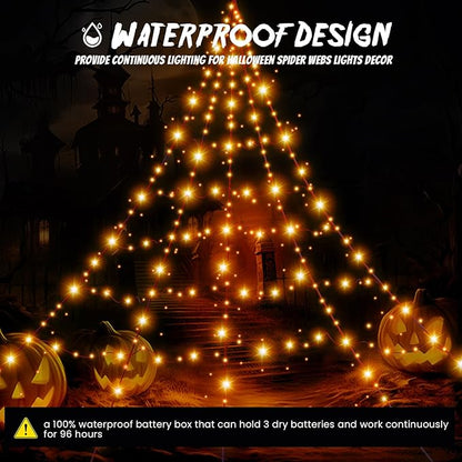 Halloween Decorations Outdoor Giant Spider Web Lights,23ft x 18ft Black Spider Web with 500 LEDs Purple,Waterproof for Halloween Yard Decorations and 8 Modes. (Black Nylon Rope and Orange LED Lights)