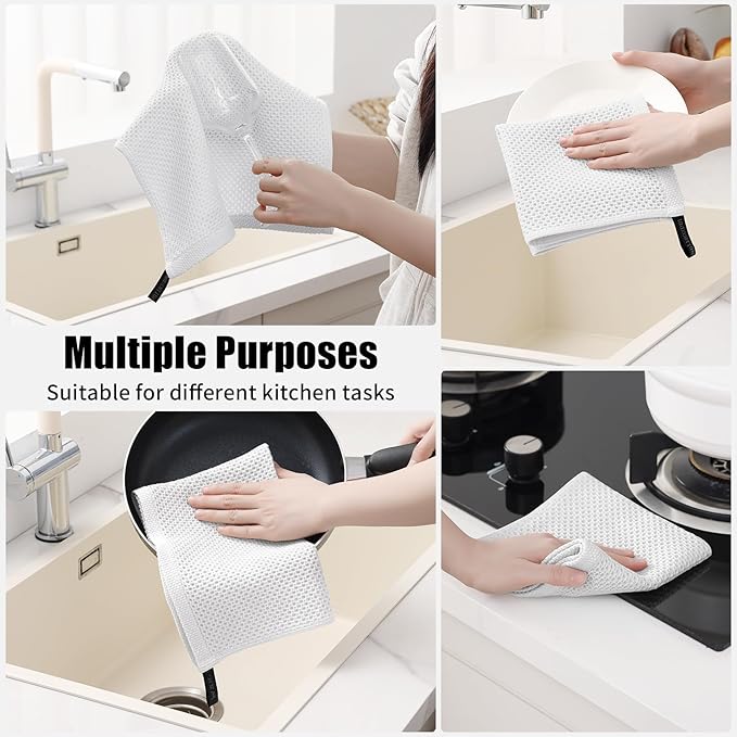 Kitinjoy 100% Cotton Kitchen Towels and Dishcloths Set, 12 Pack Waffle Weave Dish Towels Ultra Soft Absorbent Quick Drying Dish Rags, 13 x 28 Inch and 12 X 12 Inch, White