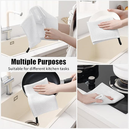 Kitinjoy 100% Cotton Kitchen Towels and Dishcloths Set, 12 Pack Waffle Weave Dish Towels Ultra Soft Absorbent Quick Drying Dish Rags, 13 x 28 Inch and 12 X 12 Inch, White