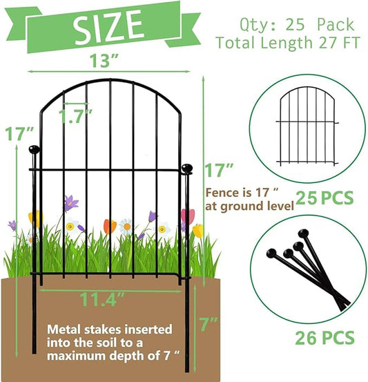 25 Panels No Dig Metal Garden Fence, Rustproof Decorative Dog & Rabbit Barrier with 11 Sturdy Stakes, Outdoor Animal Fencing for Yard, Patio, Flower Beds (Black)