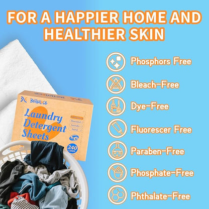 BellaLuce Laundry Detergent Sheets - Laundry Sheets, 240 Loads, Eco-Friendly, Plastic-Free, Fresh Linen Scent, Space Saving, Fast Dissolve & Hypoallergenic, Laundry Detergent for Home,Dorms,Essentials