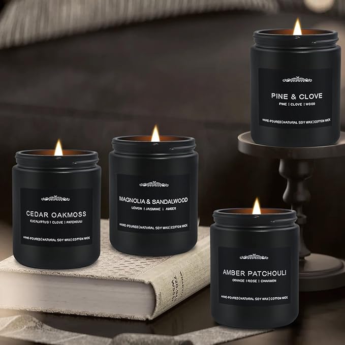 Scented Candles for Men, 4 Pack Candles for Home - Gifts for Men - 28oz 200 Hour Long Lasting Scented of Cedar Oakmoss/Pine & Clove/Magnolia & Sandalwood/Amber Patchouli