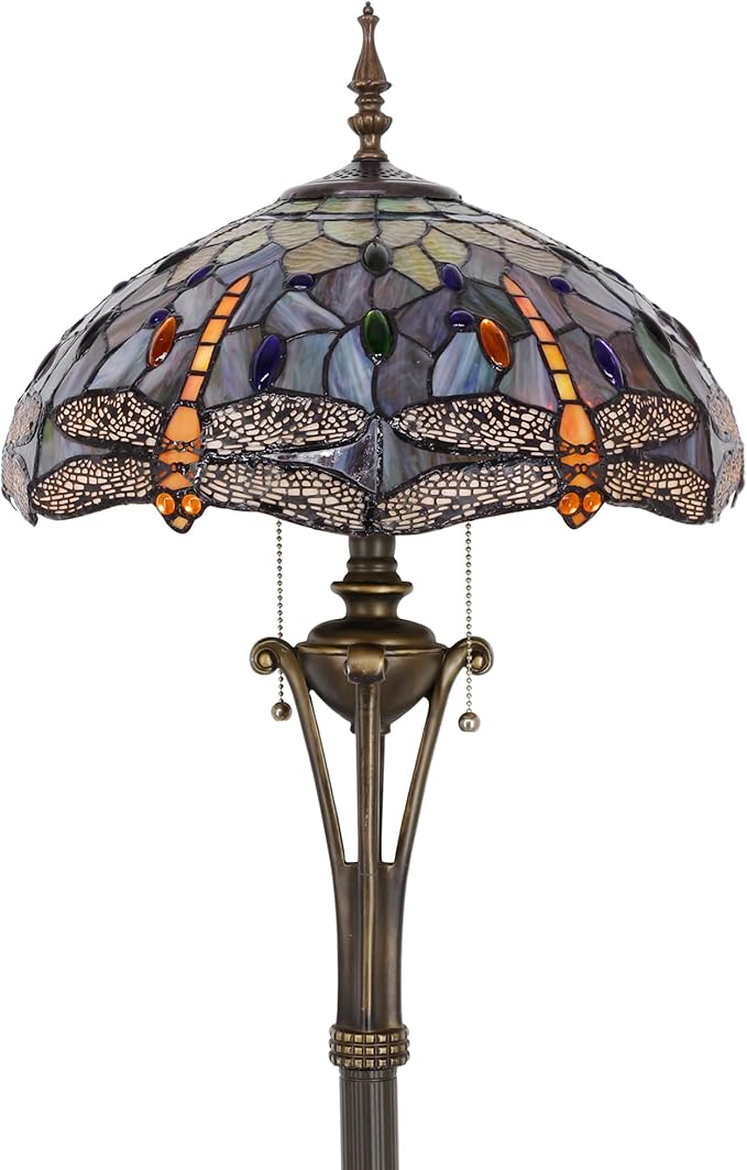 Tiffany Floor Lamp Brown Yellow Stained Glass Dragonfly Standing Reading Light 16X16X70 Inches Antique Pole Corner Lamp Decor Bedroom Office Living Room