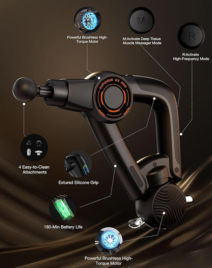 R3 Pro 3-in-1 Massage Gun with Vibration - 18mm Amplitude & 6500RPM Deep Tissue Percussion Massager for Pain Relief in Back, Shoulder, Leg - Gift for Athletes