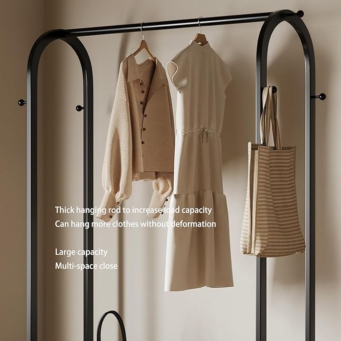 Sturdy heavy duty clothes rack,Black clothing rack with bottom shelves and 6 side hooks,Metal garment rack for hanging clothes,Wardrobe rack for Bedroom