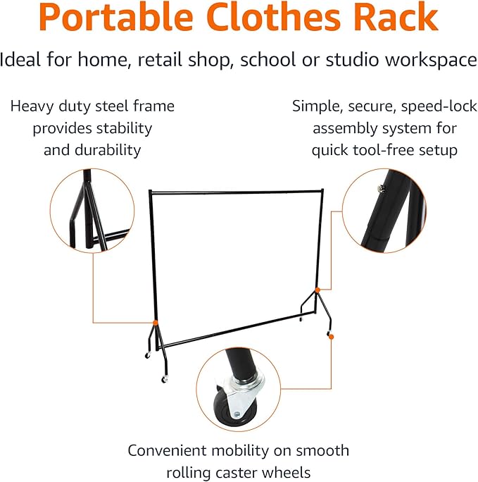 Amazon Basics Heavy Duty Rolling Garment Rack, Hanging Clothes Organizer Rail for Display and Storage, 1.82 x 1.52 m, Black