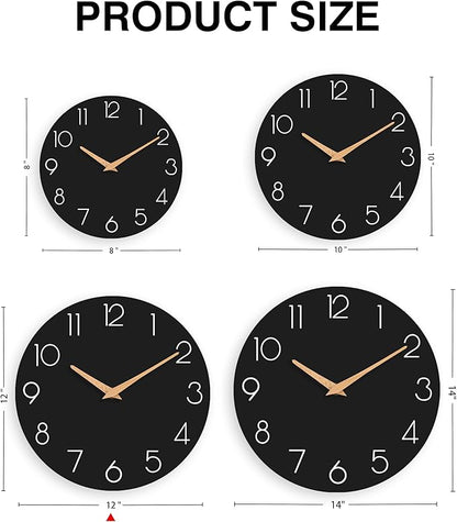 Wall Clock, 12 Inch Wooden Silent Non-Ticking, Decorative Battery Operated Wall Clocks for Bedroom, Kitchen, Home, Living Room, Office, School, Hotel (Black)