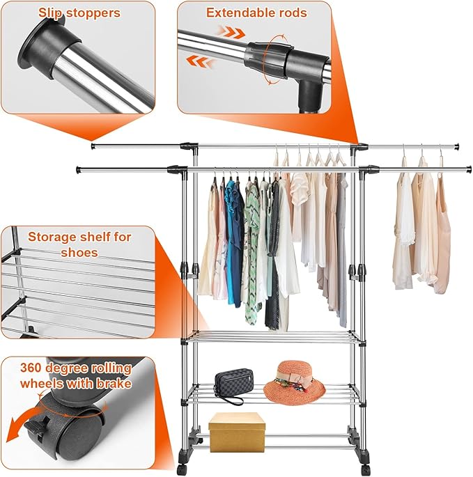 Double Rods Clothes Rack, Rolling Clothing Rack for Hanging Clothes, Portable Wardrobe Rack Max Load 77LBS, Sturdy Metal Garment Rack Coat Rack for Bedroom Laundry Living Room, Silver