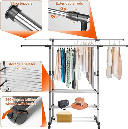 Double Rods Clothes Rack, Rolling Clothing Rack for Hanging Clothes, Portable Wardrobe Rack Max Load 77LBS, Sturdy Metal Garment Rack Coat Rack for Bedroom Laundry Living Room, Silver