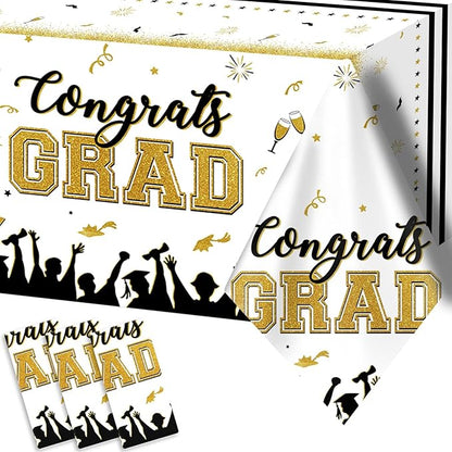 chiazllta Set of 3 Graduation Tablecloths Class of 2024 Congrats Grad Purple Graduation Party Tablecover Decorations Party Supplies Large Size Plastic 54"x109"(White & Gold)