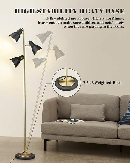 ELYONA Gold Tree Floor Lamp with 3 Adjustable Rotating Lights, Industrial Tall Pole Metal Standing Lights with 3 LED Bulbs for Living Room,Bedroom,Farmhouse,Office,Hotel, Vintage Brushed Brass & Black