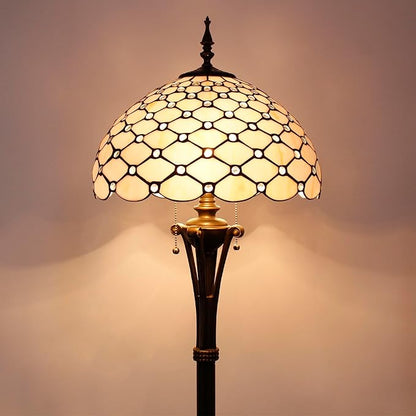 Tiffany Floor Lamp Cream Amber Bead Stained Glass Standing Reading Light 16X16X70 Inches Antique Pole Corner Lamp Decor Bedroom Office Living Room