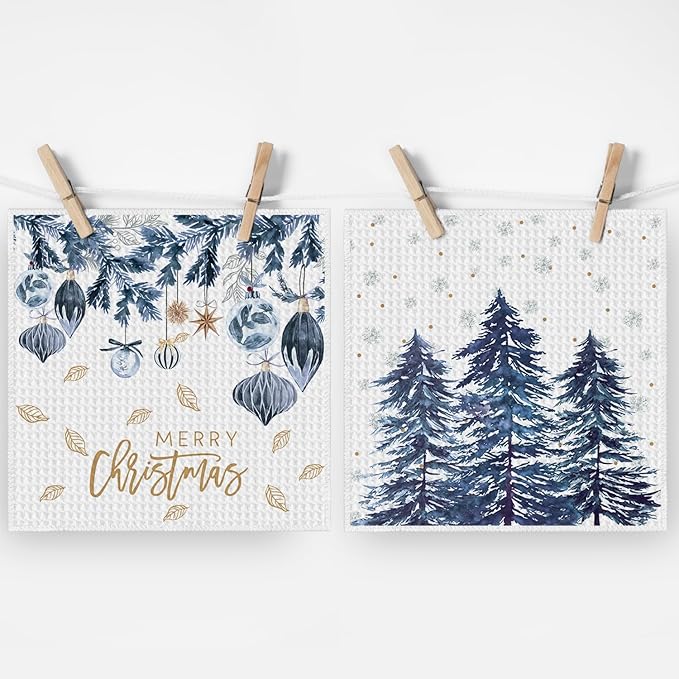 Artoid Mode Blue Xmas Tree Leaves Pinecone Christmas Kitchen Dish Cloths, 12x12 Inch Quick Dry Microfiber Dishcloths for Kitchen Dish Rags Set of 4