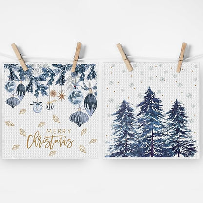 Artoid Mode Blue Xmas Tree Leaves Pinecone Christmas Kitchen Dish Cloths, 12x12 Inch Quick Dry Microfiber Dishcloths for Kitchen Dish Rags Set of 4