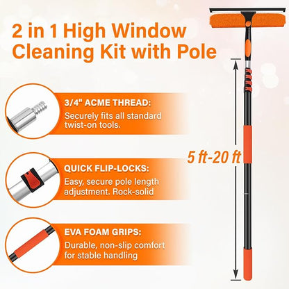26FT Telescoping Window Cleaning Kit with 14" Squeegee - 2-in-1 Professional Window Scrubber & Extension Pole - Extra Long High-Reach Glass Cleaner Tool for Indoor & Outdoor High Windows, RV