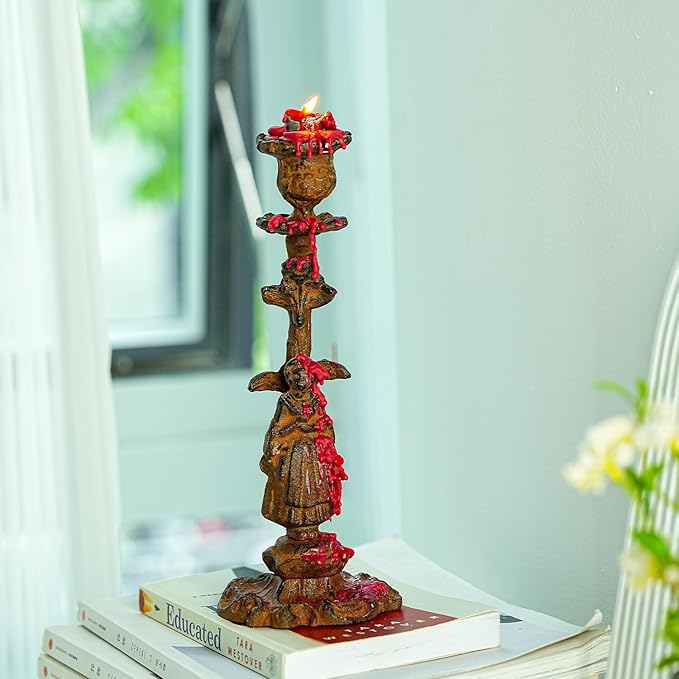 Sungmor Vintage Cast Iron Candle Holder, 10.2" Tall Rustic Noblewoman Figurine Candlestick - Decorative Taper Candle Stand for Home, Tabletop, Mantel Display - Gothic, Medieval, or Farmhouse Décor